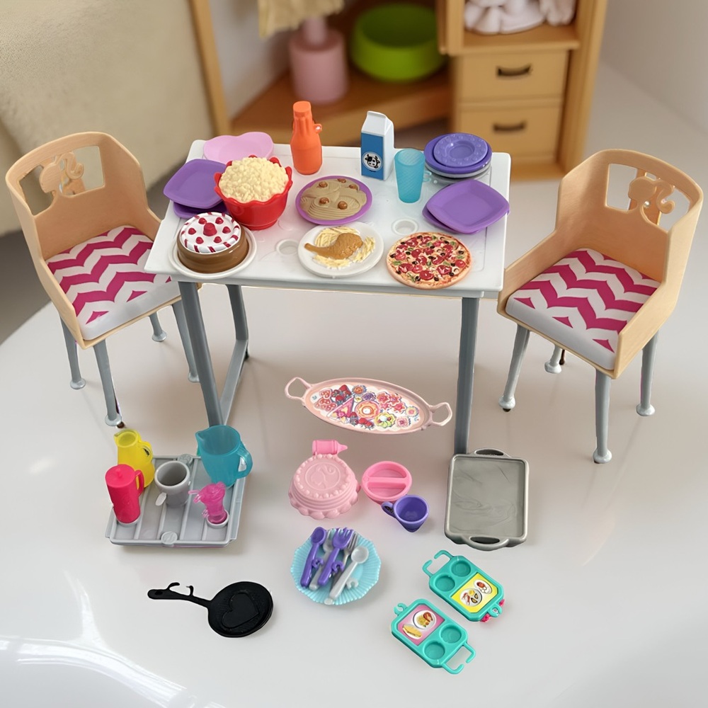 Mattel BARBIE Dinning Furniture Table Chairs Accessories Food Drinks Dinnerware